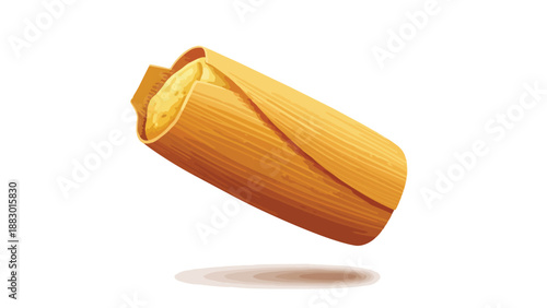An appetizing illustration of a single vibrant tamale, elegantly wrapped in a golden corn husk, showcasing delicious masa, perfectly floating with a