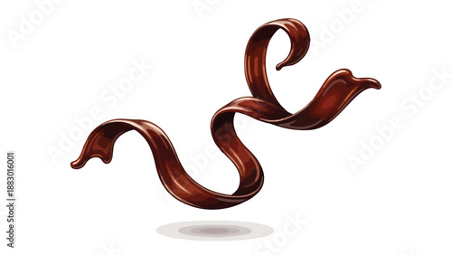 Graceful dark brown liquid swirl elegantly flows creating an artistic abstract ribbon. This glossy texture hints at melted chocolate caramel a