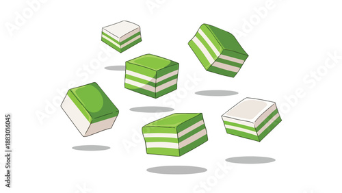 Artistic depiction of green and white striped desserts floating, clean white background, appealing confectionery illustration perfect for cultural