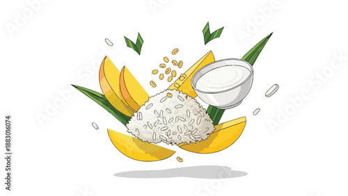 Tropical delight: Deconstructed sticky rice with fresh mango slices, creamy coconut milk, and fragrant pandan leaves creating a sweet and vibrant