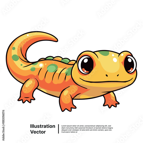 A vibrant cartoon lizard with green spots on a plain background viewed from the side