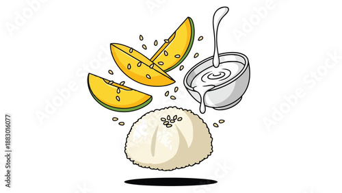 Digital illustration of mango sticky rice, showcasing sweet yellow mango slices, white glutinous rice, and creamy coconut milk, a beloved tropical
