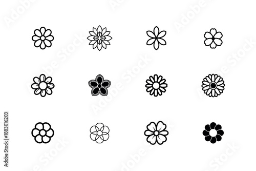 Simple Floral Head and Blossom Silhouette Vector Icon Set