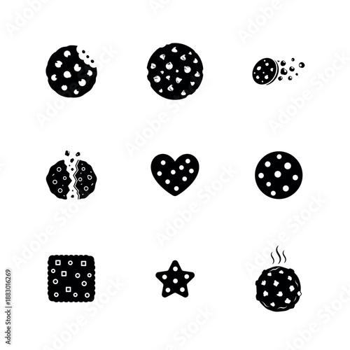 Chocolate Chip Cookie Silhouette Vector Icon Set featuring Bitten and Broken Shapes