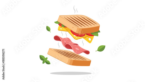 Dynamic grilled panini creation with savory ham, cheese, fresh tomato, and basil floating
