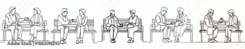 line art of old couple sitting on bench park giving gifts on valentine's day
