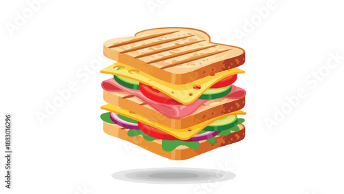 A vibrant illustration of a delicious layered sandwich with fresh wholesome ingredients including rich cheese ham cucumber tomato and red onion