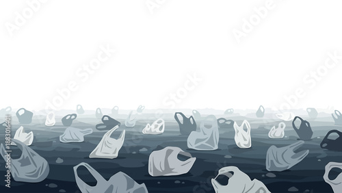 A desolate landscape covered with numerous discarded plastic bags, illustrating widespread environmental pollution and waste.