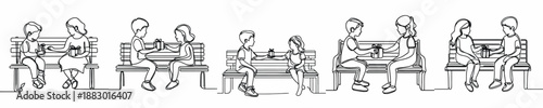 line art of little friend sitting on bench park giving gifts