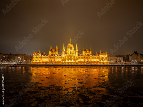 Budapest Parliament at Night in Freezing Winter, Budapest Hungary