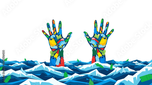 Two colorful, patchwork hands emerging from a sea of blue plastic waste, symbolizing environmental pollution and a call for action.