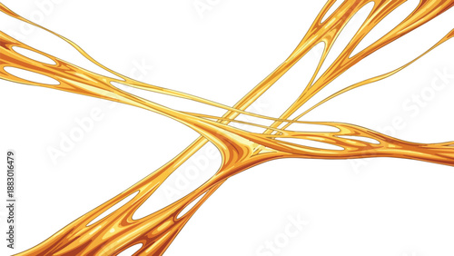 Dynamic golden fluid streaks intertwining gracefully on a pristine white background forming an abstract energetic pattern, depicting fluid flow and