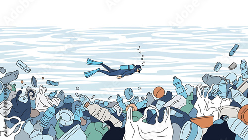A diver swims above a vast accumulation of plastic waste and garbage polluting the ocean, highlighting environmental concerns.