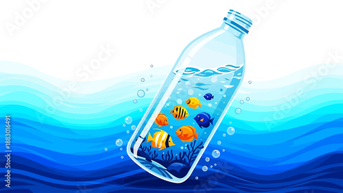 Vibrant tropical fish confined within a clear plastic bottle floating in a blue wavy ocean, depicting a unique aquatic scene.