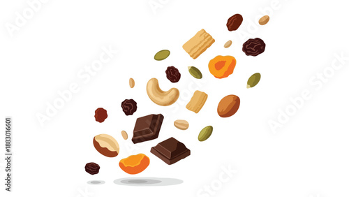 Dynamic mix of healthy nuts dried fruits seeds and chocolate pieces scattering across a clean background