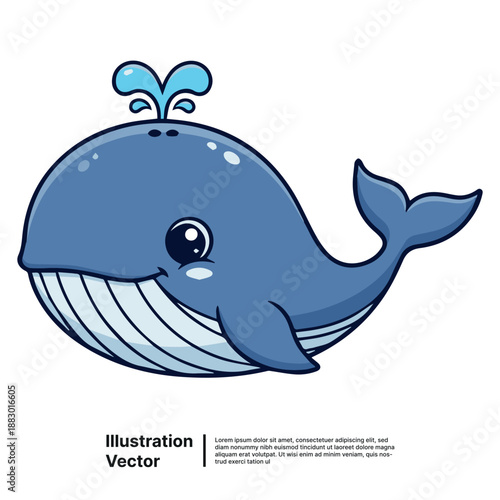 A cartoon illustration of a blue whale swimming in the ocean viewed from the side with a friendly expression