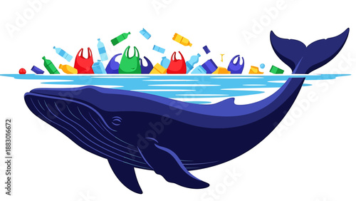 A blue whale swimming in the ocean with a large amount of plastic waste floating on the water's surface, symbolizing ocean pollution and its impact on marine life.