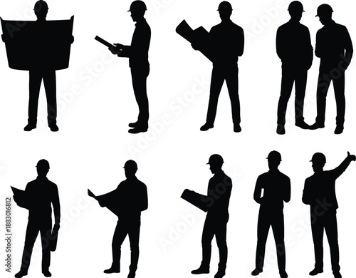 Business people silhouettes holding documents and blueprints, professional workers standing and reading papers, teamwork concepts, isolated black figures on white background design