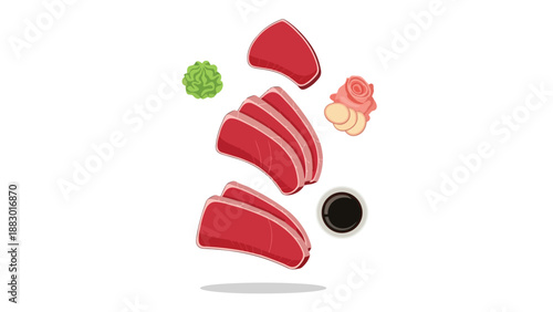 Premium raw fish slices, vibrant green wasabi, fragrant pickled ginger, and a small soy sauce bowl for a delightful authentic Asian dining experience