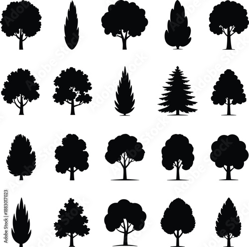 Collection of black tree silhouettes icons set featuring various forest, park, and nature tree shapes isolated on white background for design and illustration use