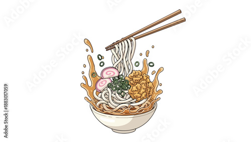 Vibrant Asian noodle illustration. Chopsticks lift savory udon from a bowl amidst a delicious broth splash, garnished with tempura, green onion, and