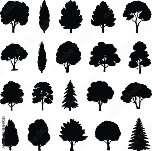 Collection of black tree silhouettes showing different forest and garden tree shapes, isolated on white background, ideal for nature design, landscaping concepts, and graphic resources