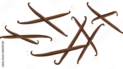 An artistic arrangement of fragrant vanilla bean pods against a bright white backdrop capturing the rich essence of this beloved spice for culinary