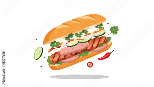 Vibrant illustrated sandwich featuring fresh crisp vegetables layered with savory grilled meats and ham creating a wholesome delicious meal perfect