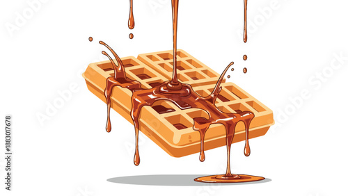Sweet breakfast delight: a warm crispy waffle receiving a lavish pour of golden brown syrup, capturing a moment of indulgent perfection and morning