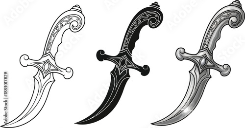 Collection of ornate daggers featuring detailed engravings and varied styles ideal for historical or fantasy graphic design elements