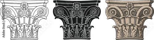 Collection of Corinthian column capitals in outline black and sepia tones representing classical architecture and design elements for historical projects