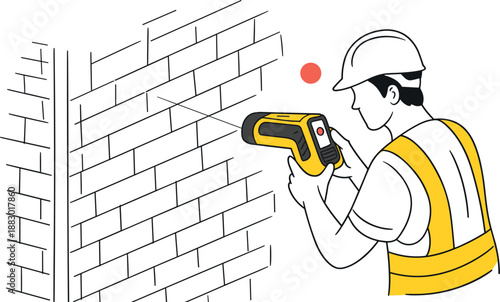 Construction worker using handheld wall scanner to detect hidden pipes and electrical wiring inside brick wall during building inspection and renovation work