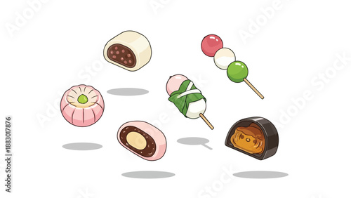 Charming illustration of diverse Japanese wagashi, featuring mochi, dango, and other delightful traditional sweets