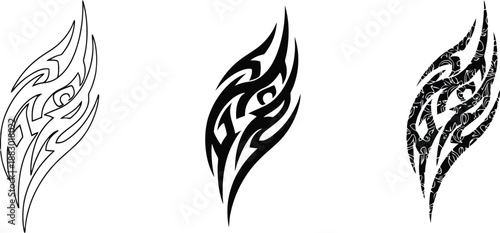 Tribal tattoo design elements abstract flame shapes in outline solid black and textured styles isolated on white background for graphic design