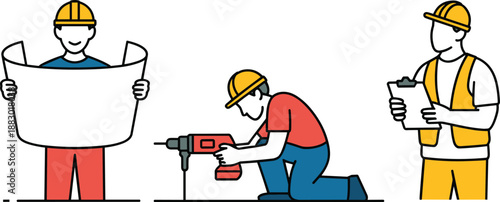 Construction workers illustration showing engineer with blueprint, technician drilling floor, and supervisor with clipboard, representing teamwork, safety, planning, and industrial building process