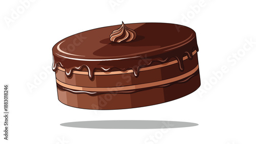 A delectable three-layer chocolate cake generously coated with glossy ganache and crowned with a decorative cream swirl perfect for any sweet