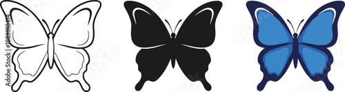 Collection of butterfly icons in outline silhouette and blue vector styles perfect for nature themes and graphic design elements