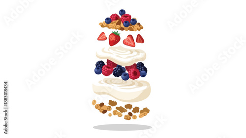 Deconstructed layered breakfast parfait showcasing fresh vibrant berries and crunchy granola elegantly suspended against a pristine white