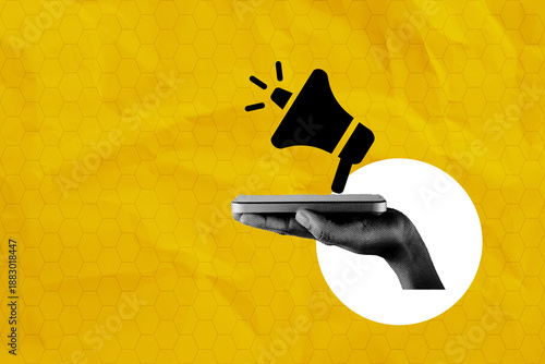 Digital marketing concept. Halftone hand holding smartphone with megaphone symbol. Mobile advertising, social media promotion, and public relations strategy on yellow background.,mixed media style.