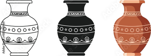 Collection of decorative ceramic vases ancient pottery design elements in outline silhouette and color for cultural or historical projects