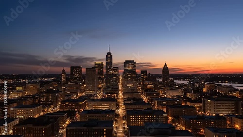 City Skyline at Dusk with Illuminated Buildings.