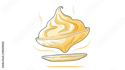A vibrant digital illustration showcasing a fluffy golden creamy food swirl with gentle steam, elegantly poised above a minimalist serving plate,