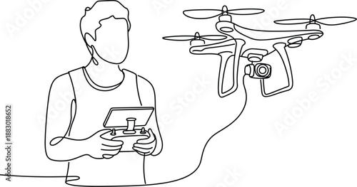 Minimal line art illustration of man controlling quadcopter drone with remote controller, modern technology concept for aerial photography, robotics, surveillance, and hobby drone operation