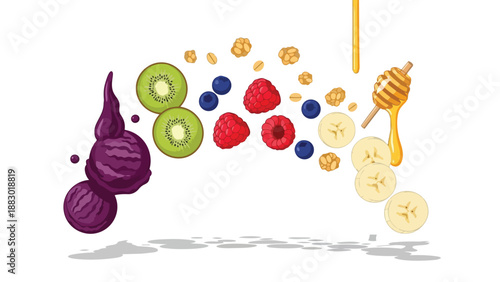 Vibrant assortment of fresh fruits and rich açai scoops artistically arranged with golden honey drizzle and crunchy granola creating a delightful