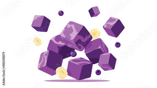 Dynamic illustration of floating purple cubes, banana slices, and ripe blueberries, creating a vibrant fresh fruit-themed abstract composition for