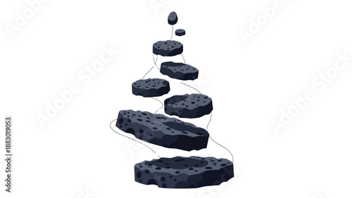 Abstract cosmic journey through floating volcanic rock formations creating a surreal and ascending pathway in a minimalistic void. This unique