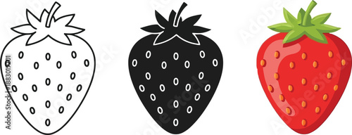 Collection of strawberry icons including outline silhouette and realistic vector art for food design and healthy eating concepts