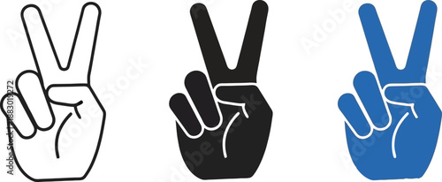 Collection of peace sign hand gestures including outline solid black and blue vector icons for positive communication and design elements