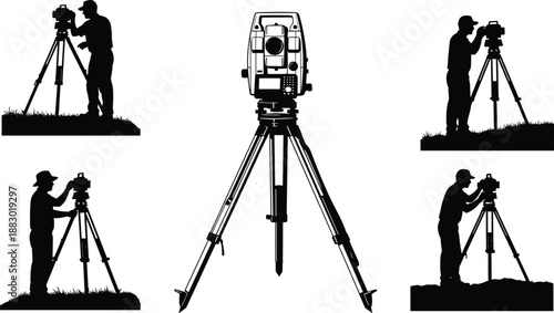Professional land surveying silhouettes using total station and tripod equipment, surveyors measuring terrain, construction mapping, geodesy technology, engineering fieldwork, and precision outdoor 