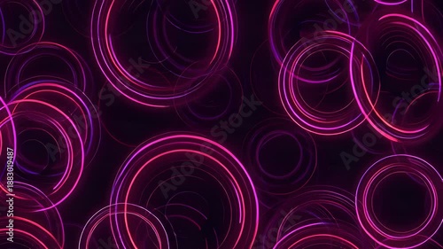 Neon pink rings arranged in a circular pattern, creating a dynamic 3D illusion on a dark purple background, ideal for modern, futuristic, and creative digital content.